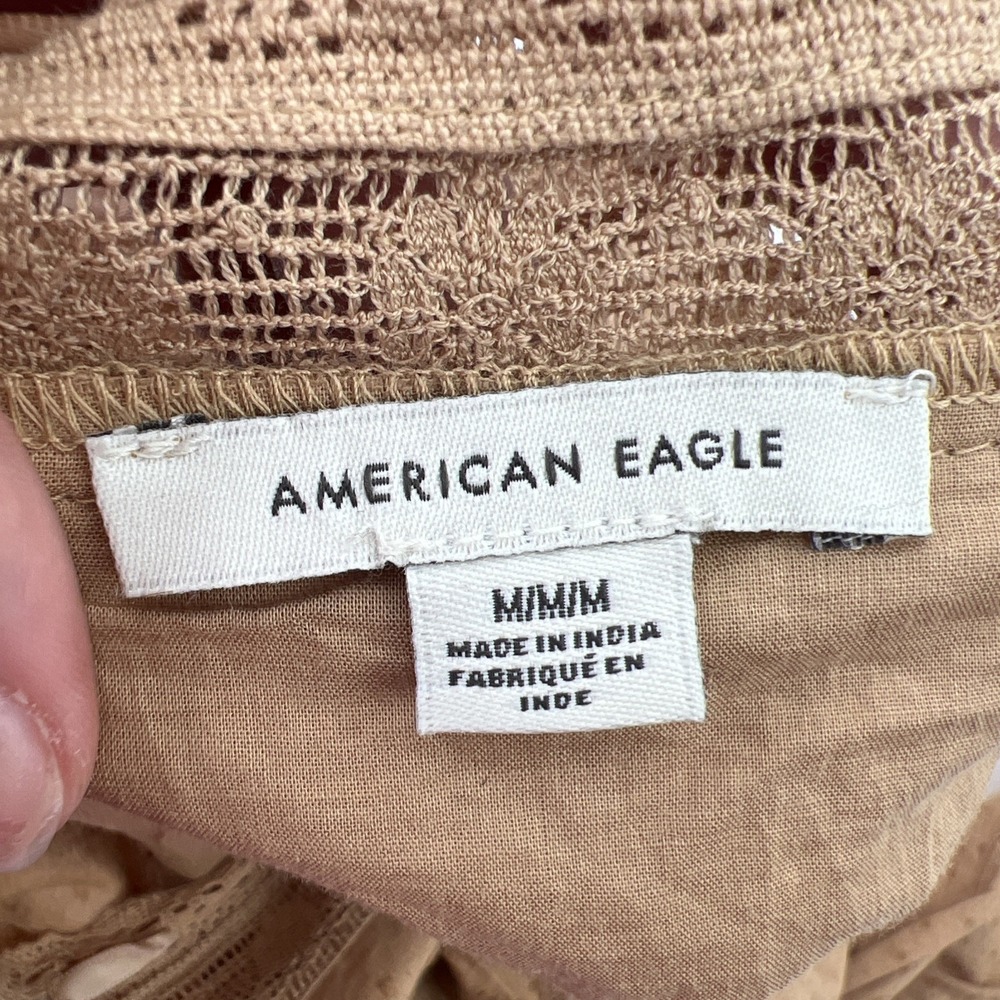 American Eagle Milkmaid Top Sz M Tan Cottage Peasant Boho Crochet Lace Coquette - Picture 10 of 15